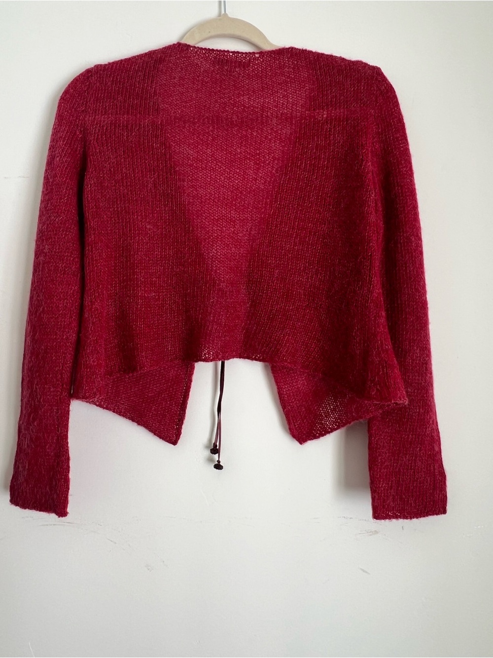 Laurie B. Berry Red Mohair Blend Cropped Open Knit Tie-Front Cardigan - Size M - Picture 2 of 7